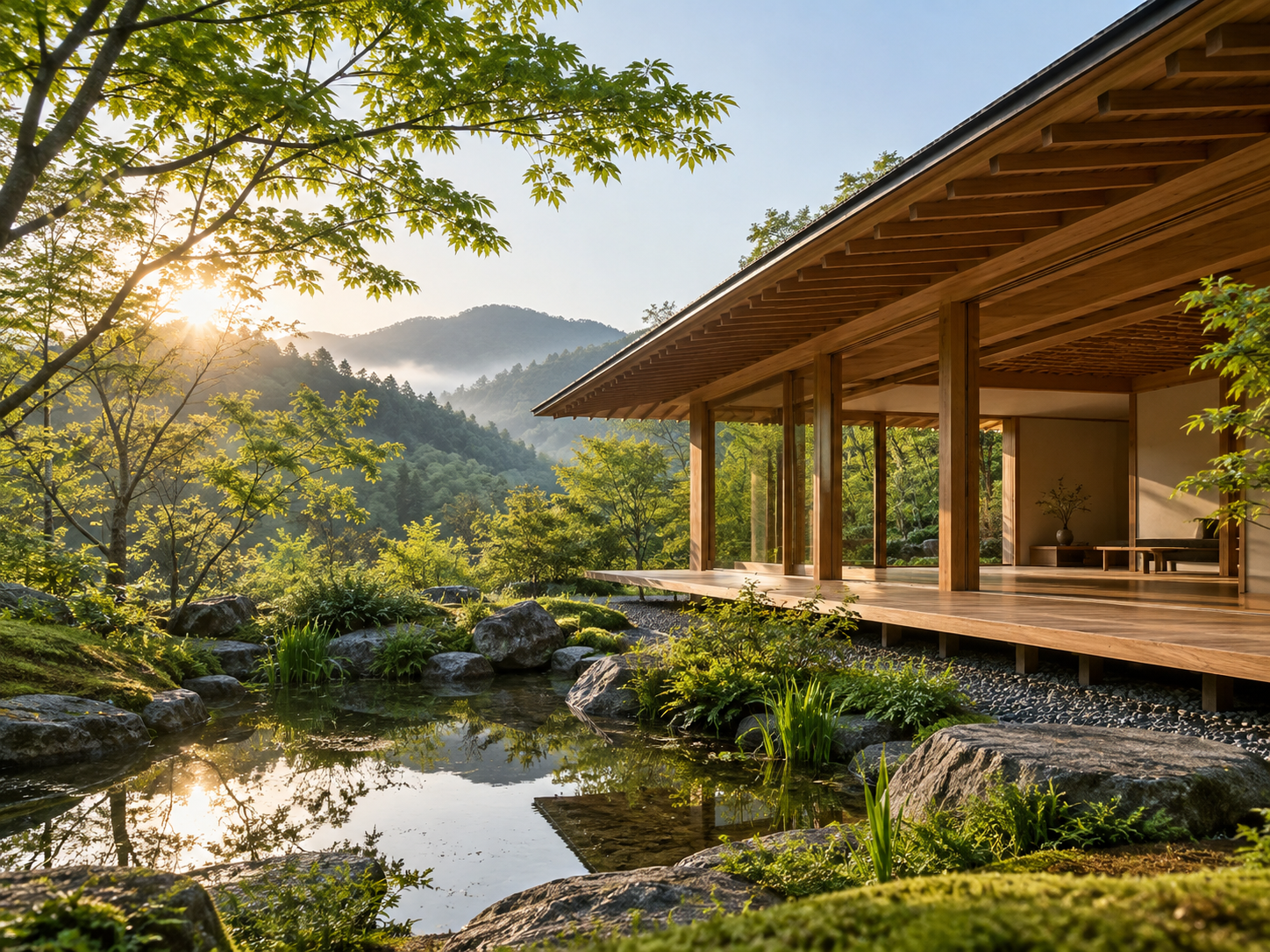 Minimal Japanese timber architecture surrounded by green growth