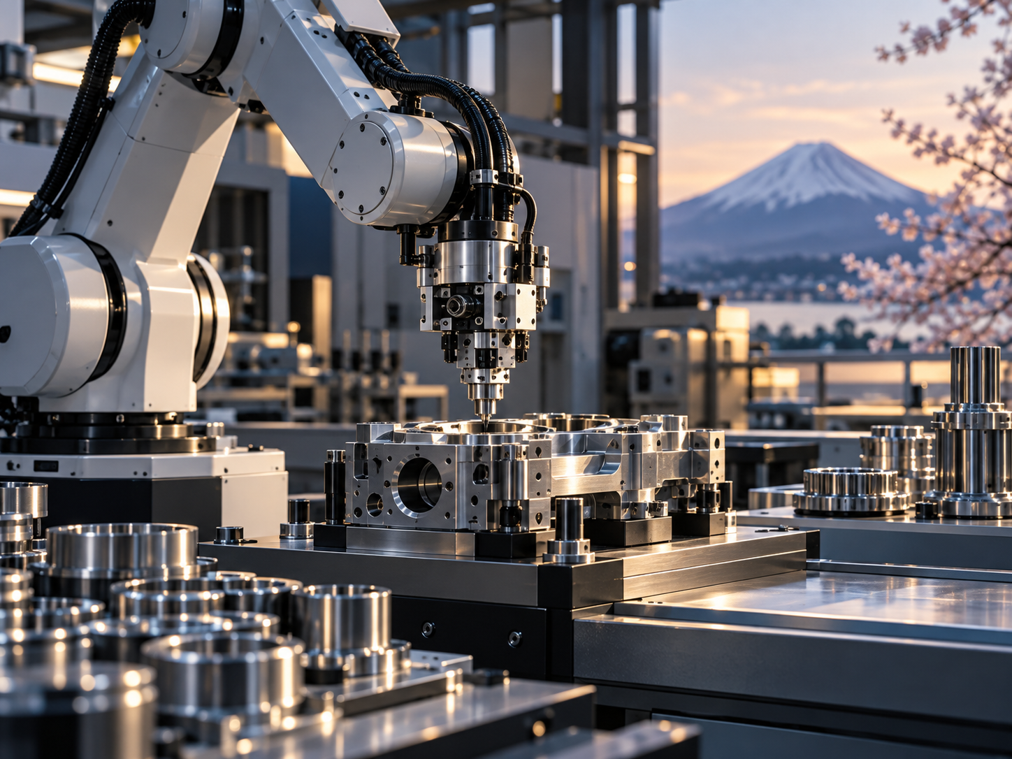 Precision robotic arm and machined components in a modern workshop